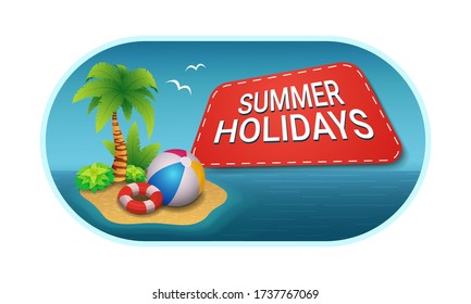 Summer holidays. Sticker with an image of an island in the ocean on which: palm tree, lifebuoy, ball.
