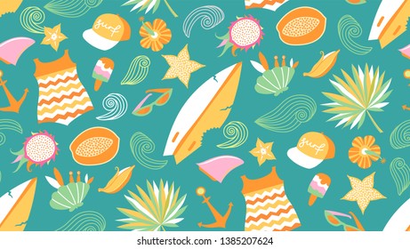 Summer holidays stuff seamless pattern. Beach seasonals girls essentials and goods.