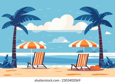 
Summer holidays. Sun loungers on the beach. Beach landscape. Beautiful seascape banner Nautical holiday. Vector illustration