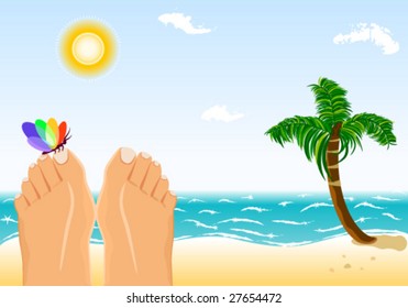 Summer holidays sunbathing on a tropical beach. Vector EPS AI8, all elements layered and grouped.