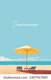 Summer holidays. Sunny umbrella with sun loungers on a sandy beach. Vertical Orientation. Vector illustration for covers, prints, posters
