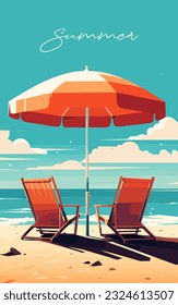 Summer holidays. Sunny umbrella with sun loungers on a sandy beach. Vertical Orientation. Vector illustration for covers, prints, posters