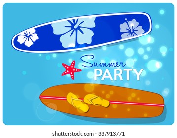 summer holidays, surfboards, starfish and a pair of flip flop on a blue shining tropical water
