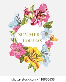 Summer Holidays. Template Flower Bouquets on isolated background. Vector Colorful blooming branches. Flower composition for your design Wedding invitations, Thank You Card, Save the Date card and etc.