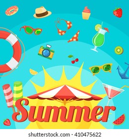 Summer holidays things on bright backdrop. Vacation travel background. Easy to edit design template.