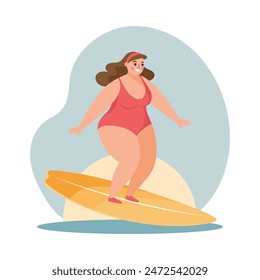 Summer holidays time. Happy woman surfing in the sea. Beach vacation, tourism and relax. Concept illustration. Vector