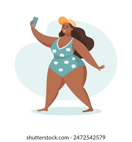 Summer holidays time. Happy woman taking a selfie with a smartphone. Beach vacation and relax. Concept illustration. Vector