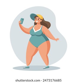 Tiempo de vacaciones de verano. Mujer feliz tomando un selfie con un teléfono inteligente. Vacaciones en la playa y relajarse. Ilustración conceptual. Vector