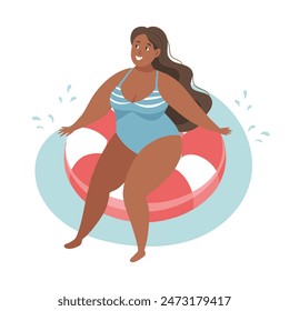 Summer holidays time. Happy woman in a swimsuit with a swimming ring. Beach holiday and relaxation. Concept illustration. Vector