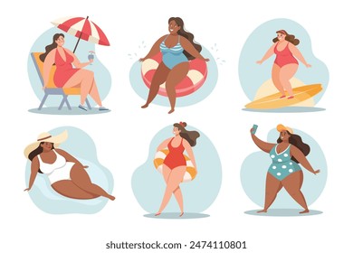 Sommerferien Zeit, Leute unterwegs. Glückliche Frauen in Badeanzügen. Strandurlaub, Sonne und Entspannung. Konzeptabbildung. Vektorgrafik