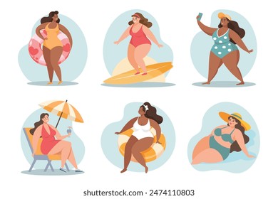 Summer holidays time, people set. Happy women in swimsuits. Beach holiday, sun and relaxation. Concept illustration. Vector