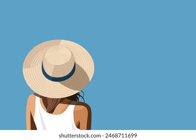 Summer holidays, tourism. A girl in a hat, in a white shirt, with her hair down. Rear view of the woman. Blue background