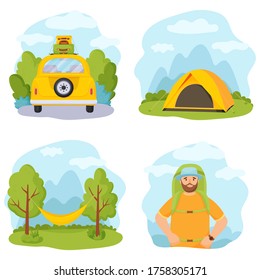 Summer holidays and tourism. Vector set of their four illustrations.