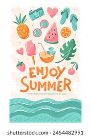 Summer, holidays and travel background. Set of summer vector illustrations for poster, banner, cover, card.