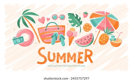 Summer, holidays and travel background. Set of summer vector illustrations for poster, banner, cover, card.