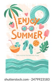 Summer, holidays and travel background. Set of summer vector illustrations for poster, banner, cover, card.
