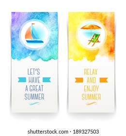 Summer holidays and travel banners with greetings and watercolor elements - vector illustration