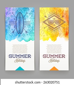 Summer holidays and travel banners with line drawing hipster emblems - vector illustration