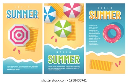 Summer holidays, travel, party, sale vertical banner templates set. Sea beach top view vector illustration.