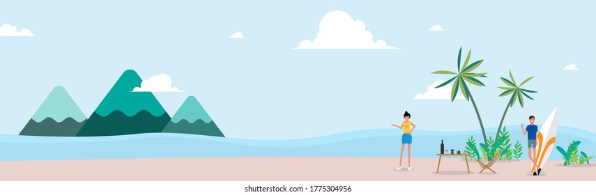 Summer holidays. travel and people concept - smiling young hippie friends in minivan car on beach.template poster flat vector illustration