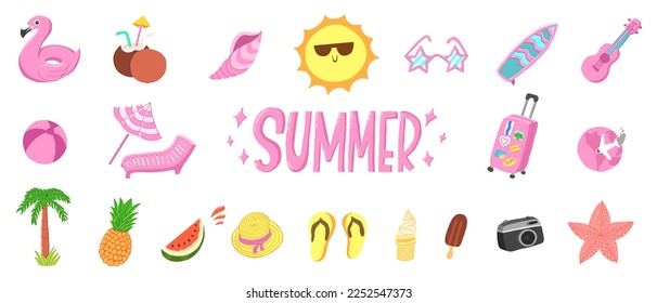 Summer holidays. Travel trip. Vector illustrations set in cartoon flat style isolated on white background.