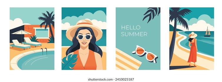 Sommerferien, Reisen, Urlaubskonzept Set. Retro-Poster mit schöner Frau mit Sonnenbrille und Hut, Meereslandschaft, Schwimmbad. Vektorgrafik  