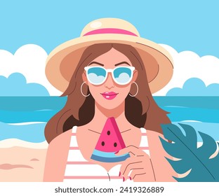 Vacaciones de verano, viajes y concepto de vacaciones. Una mujer hermosa con gafas de sol come sandía en la playa. Ilustración del vector 