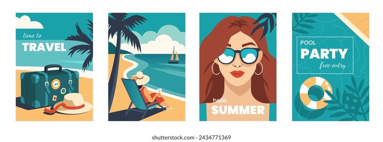 Summer holidays, travel, vacation concept set. Collection of retro style posters with woman relaxed at the beach, vintage suitcase luggage, swimming pool. Vector illustration  