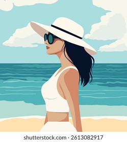 Summer holidays. Travel. Woman on vacation in a white beach tunic dress, swimsuit, glasses and hat on the background of the beach, on the azure coast. Vector illustration for tourism projects
