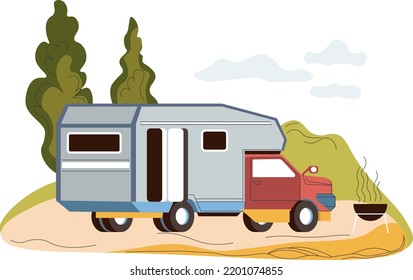 Summer holidays and trips in camper van, car with conveniences for traveling on long distances. House on wheels, landscape and nature with barbeque grill for cooking outside. Vector in flat style