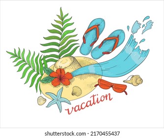 Summer holidays tropical beach elements. Sea or ocean vacation accessories: hat, sunglasses, exotic flower, leaves, seashell and starfish. Vector illustration
