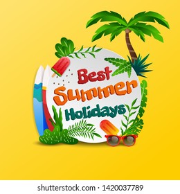 Summer Holidays tropical beach theme on circle sign and yellow background vector