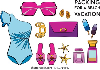 Summer holidays tropical beach vacation accessories cartoon images set with sunglasses, swimsuit, bikini, summer hat, jewelry, ice cream, perfume, sea star. Fashion vector illustration object isolated