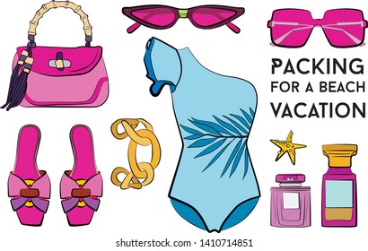 Summer holidays tropical beach vacation accessories cartoon images set with sunglasses, swimsuit, bikini, summer hat, jewelry, ice cream, perfume, sea star. Fashion vector illustration object isolated