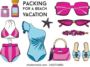 Summer holidays tropical beach vacation accessories cartoon images set with sunglasses, swimsuit, bikini, summer hat, jewelry, ice cream, perfume, sea star. Fashion vector illustration object isolated