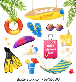 Summer holidays tropical beach vacation accessories realistic images set with surfboard suncream lifebuoy and fins vector illustration 