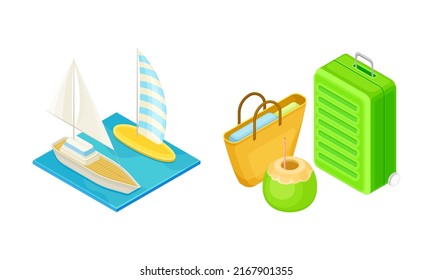 Vacaciones de verano y objetos de vacaciones tropicales. Ilustración vectorial isométrica de velero, maleta y coctel de coco
