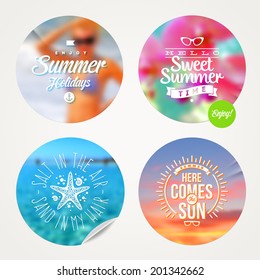 Summer holidays and tropical vacation - set of colorful sticker with type design on a defocused background