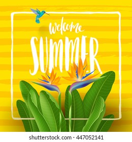 Summer holidays and tropical vacation vector greeting design. Tropical flowers, hummingbird and handwritten calligraphy on a yellow striped background.