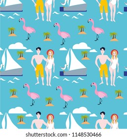 Summer holidays tropical vector design for banner or flyer with palm leaves, flowers, flamingos, seagull, sea star and ship.