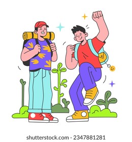 Summer holidays. Two boys, brothers or friends with hiking backpacks. Active outside leisure for physical and mental health. Kids having fun outdoors, camping together. Flat vector illustration