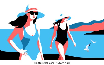 Summer holidays. Two female characters wearing swimsuit, hat and sunglasses, walking on the beach. Sea, sky, gulls, girls. Vector illustration