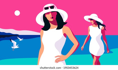 Summer holidays. Two female characters wearing light dresses, big white hats and sunglasses, walking on the beach. Sea, sky, sun, gulls, people. Vector illustration