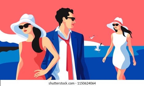 Summer holidays. Two girls and young man walking on the beach. Sea background with gulls. Vector illustration