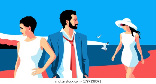Summer holidays. Two girls and young man walking on the beach. Sea background with gulls. Vector illustration