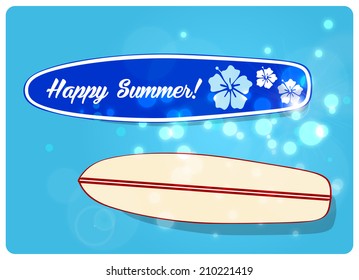 summer holidays, two surfboards on a blue shining tropical water 