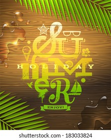 Sommerferien-Design auf Holzflächen- und Palmenbranden gemalt - Vektorgrafik
