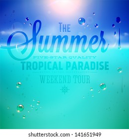 Summer Holidays Typography Background With Sun, Sea And Sky. Sun Shine, Beach And Water Drops. Vector Illustration.