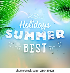 Sommerferien Typografie Hintergrund mit Sonne, Meer, Insel und Himmel. Sun Shine, Strand und Wasser. Vektorgrafik. Sommermarke.