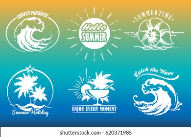 Summer holidays typography emblem set. Vintage elements for summer Labels, Badges, Posters, Emblems design. Vector illustration.